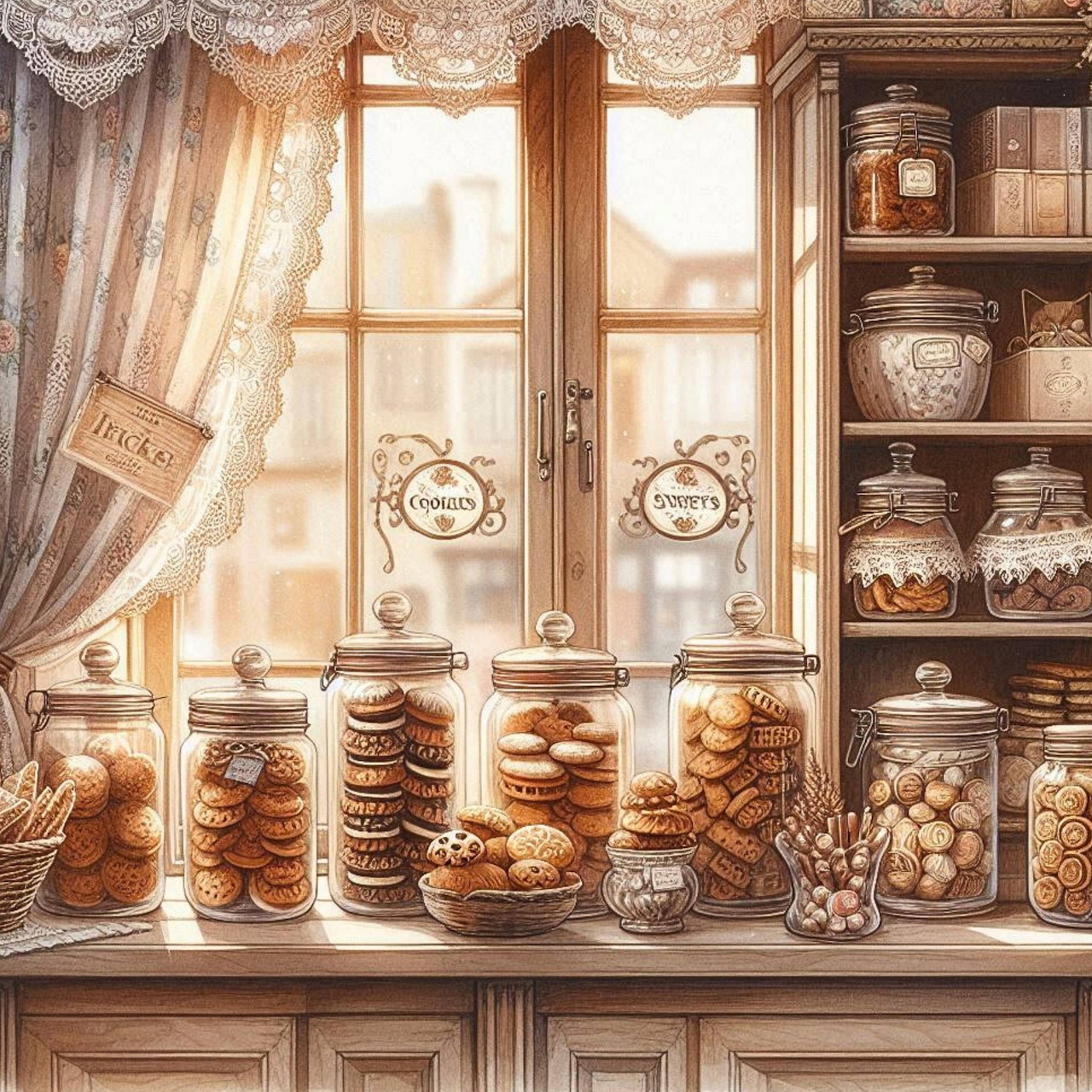 Vintage bakery display with glass jars of cookies and pastries on wooden counter by windows with lace curtains