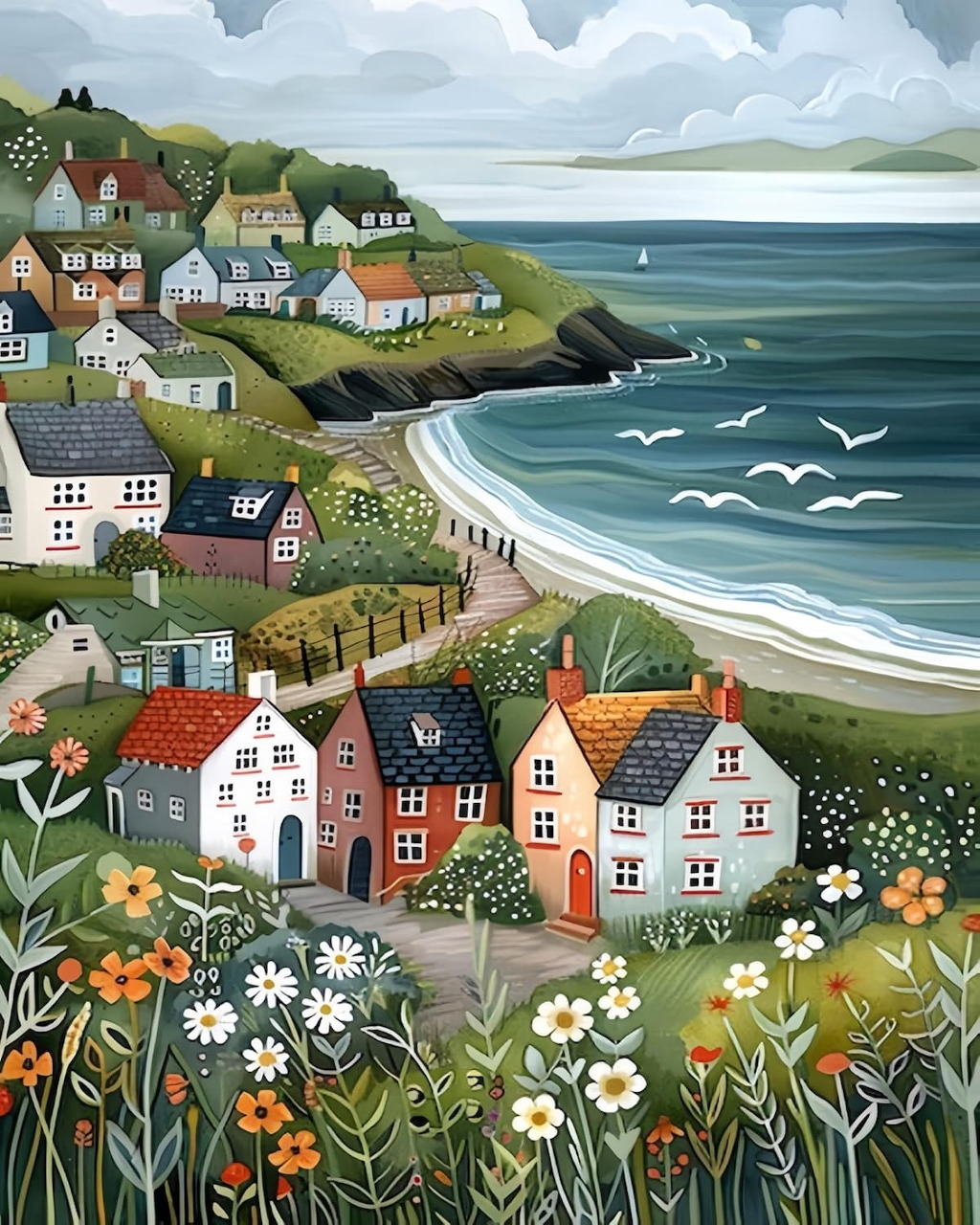 Folk art coastal village with colorful houses, wildflowers, seabirds, and a calm bay