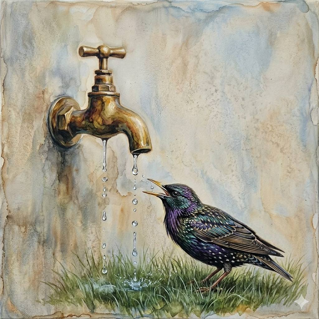 Painted starling drinking droplets from an old brass faucet above grass
