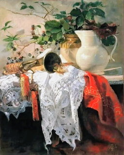 Still life painting with white vase, horn, blackberries, lace cloth, and red fabric on a table