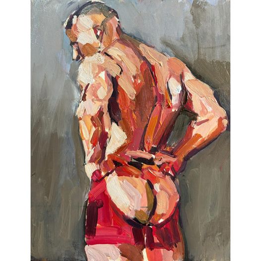 Painterly study of a shirtless man from behind wearing red shorts, executed in expressive brushwork