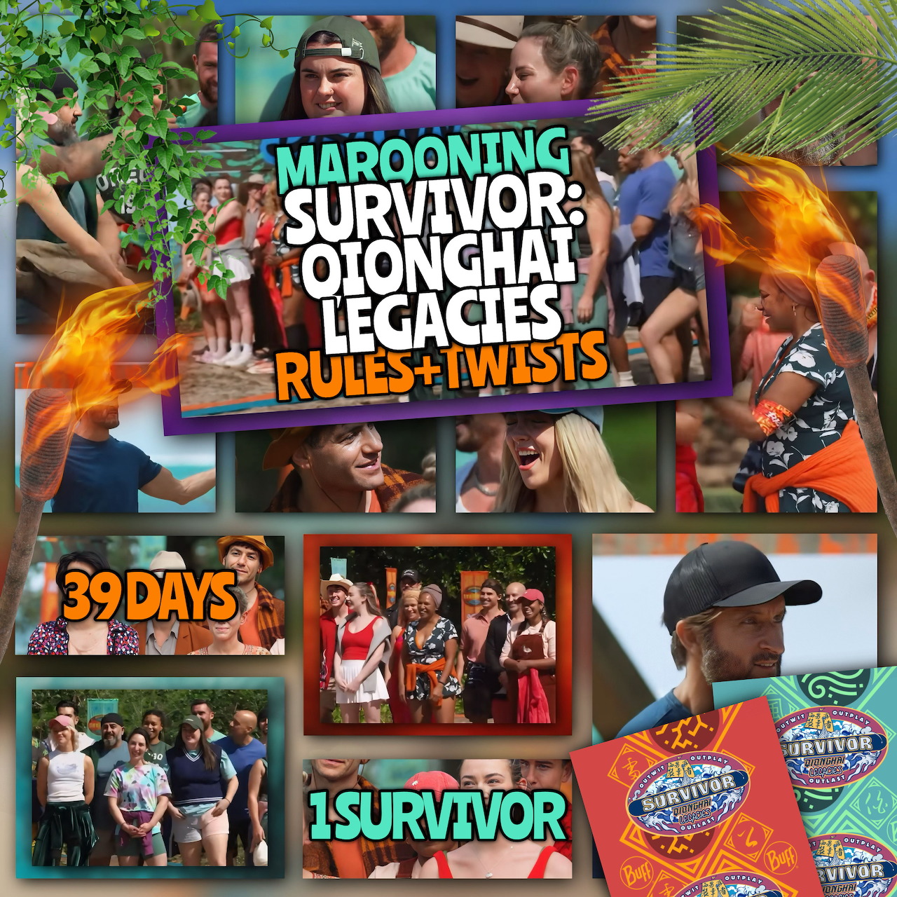 Colorful Survivor collage poster with contestants, logos, flames, and bold show text
