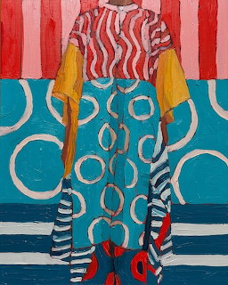 Abstract painting of figure with red striped top, yellow sleeves, turquoise patterned lower section, and striped legs