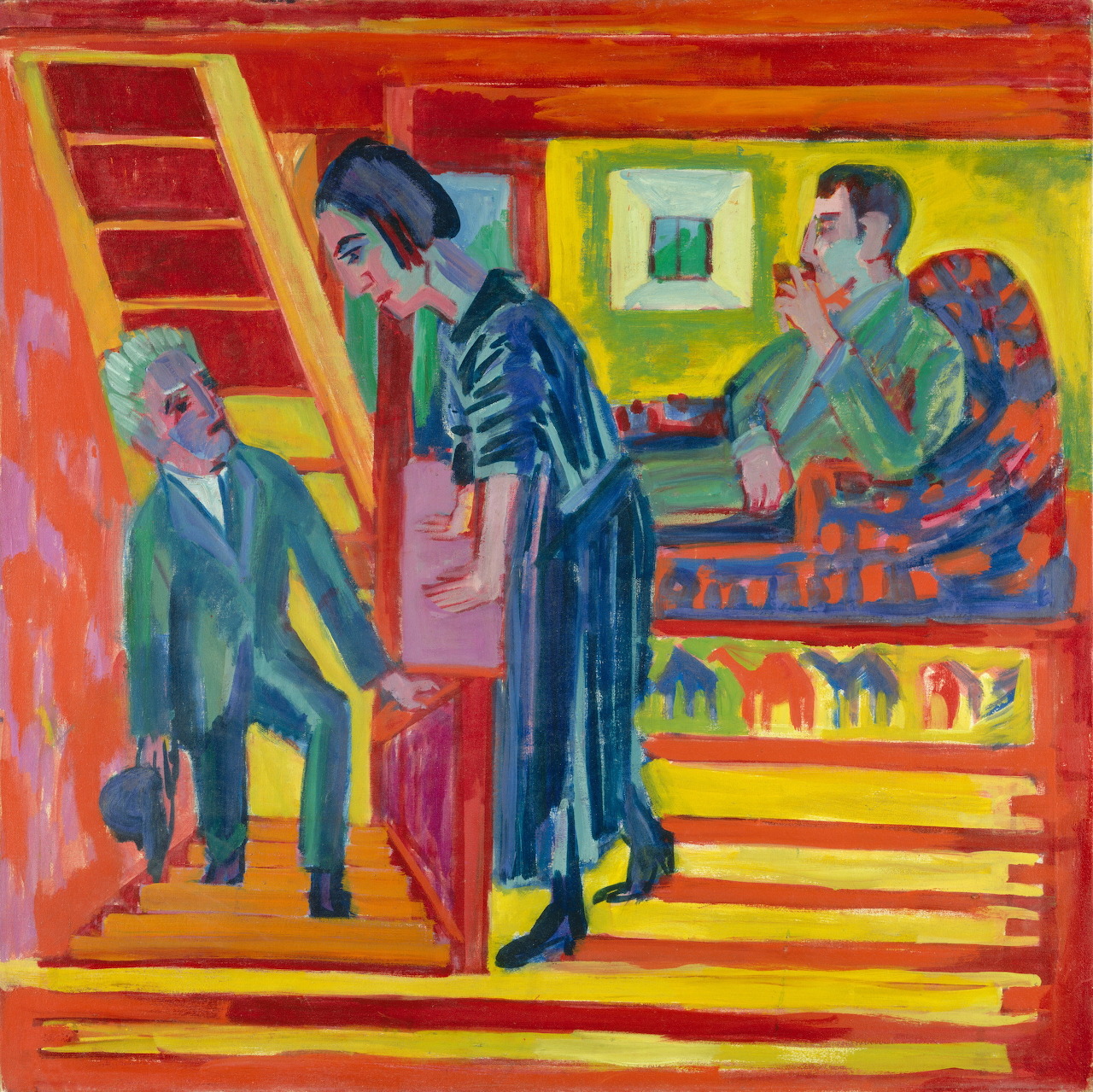 Expressionist painting of three people in a vividly colored interior with striped stairs and bold patterns