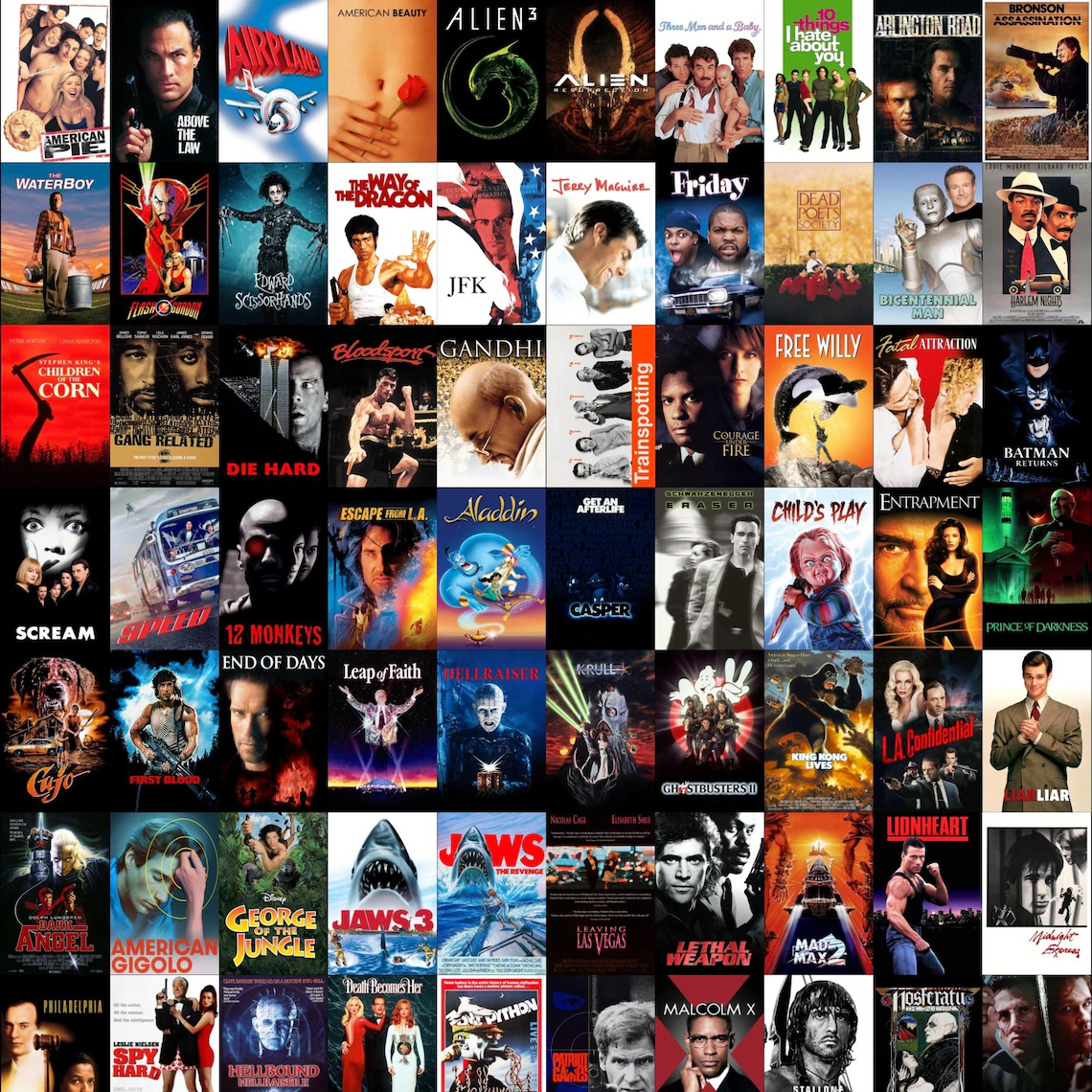 Collage of assorted movie posters arranged in a square grid