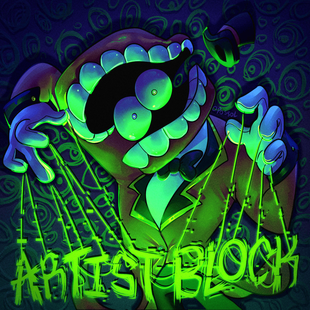 Neon green and blue digital art of cartoon character Caine with large spiral eyes and glitch effect text reading Artist Block
