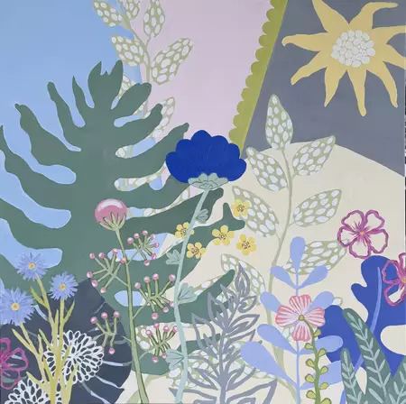 Stylized illustration of colorful flowers and foliage in a whimsical garden with pastel background
