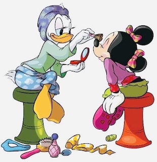 Daisy Duck doing Minie Mouse's makeup while both sit on colorful stools with cosmetics on the floor
