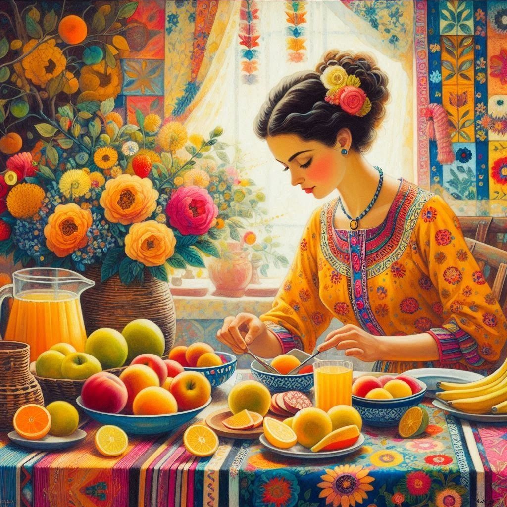 Woman in orange embroidered dress eating breakfast with fresh fruit and flowers by a sunny window
