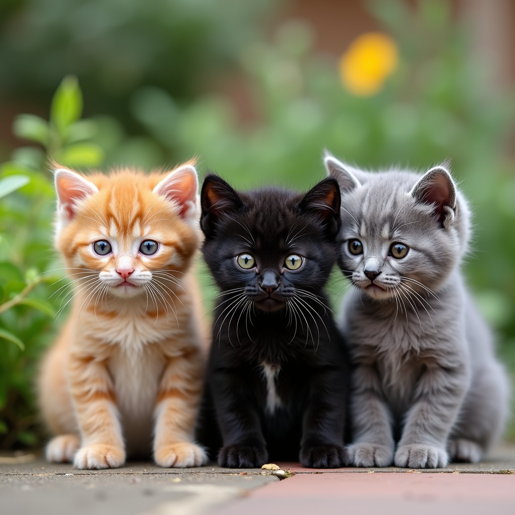 Three kittens sitting together outdoors: orange tabby, black, and gray