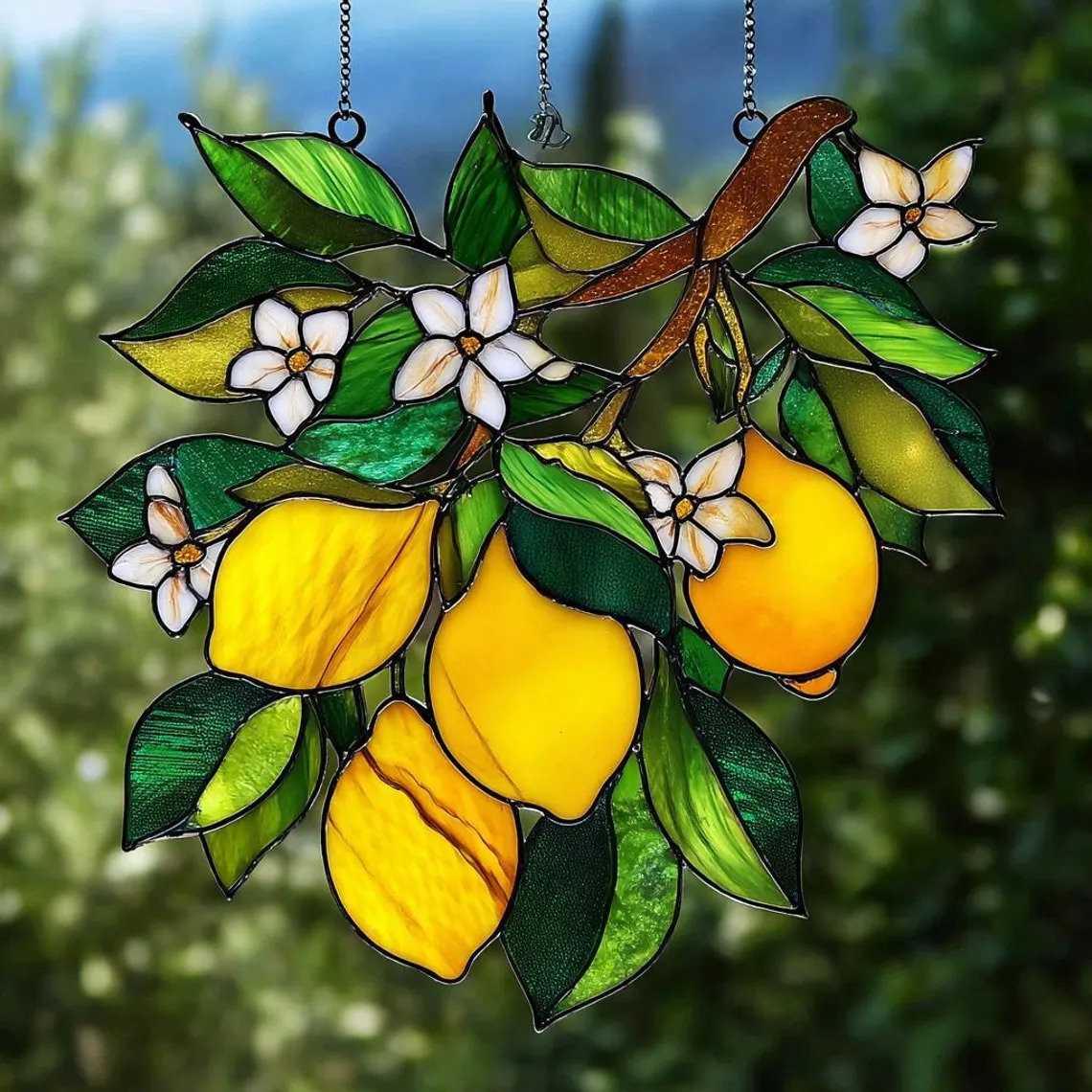 Stained glass style lemon suncatcher with green leaves and white blossoms