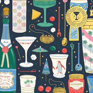 Vintage illustration with cocktail glasses, bar accessories, and tropical drink motifs in retro style