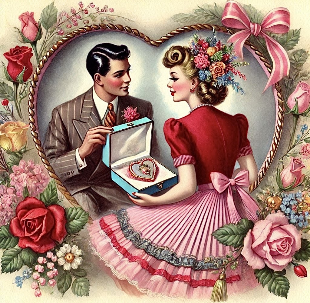 Vintage couple exchanging Valentine's gift, framed by roses and heart with pink bow