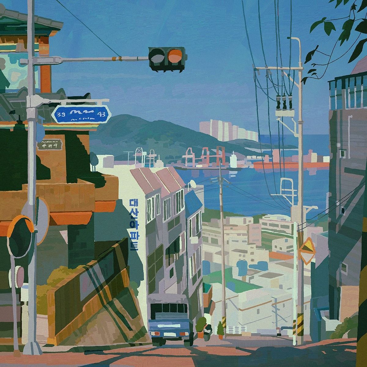 Stylized hillside city street leading down to a blue harbor with buildings, poles, and distant hills