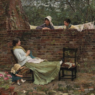 Vintage painting of a seated woman in a brick courtyard with two women leaning over a wall