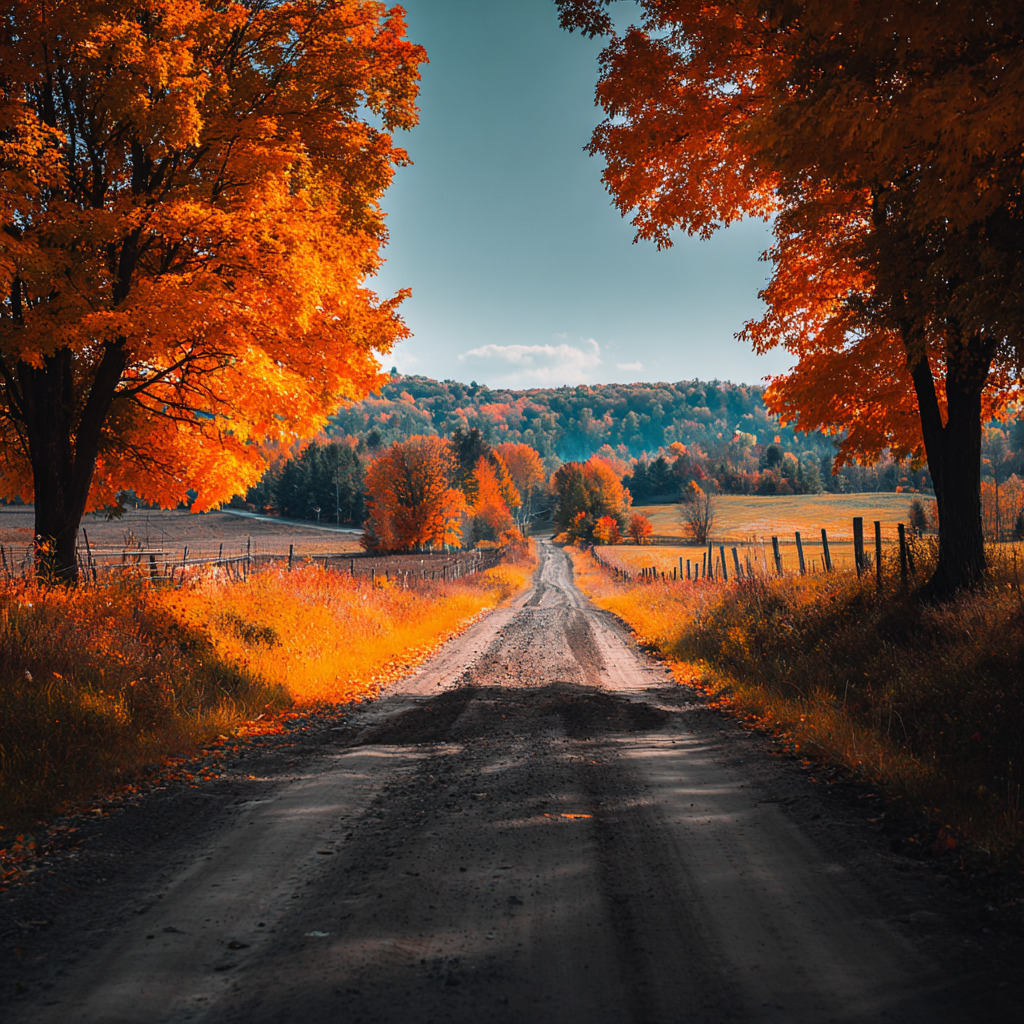 Country dirt road flanked by bright orange autumn trees leading into rolling hills