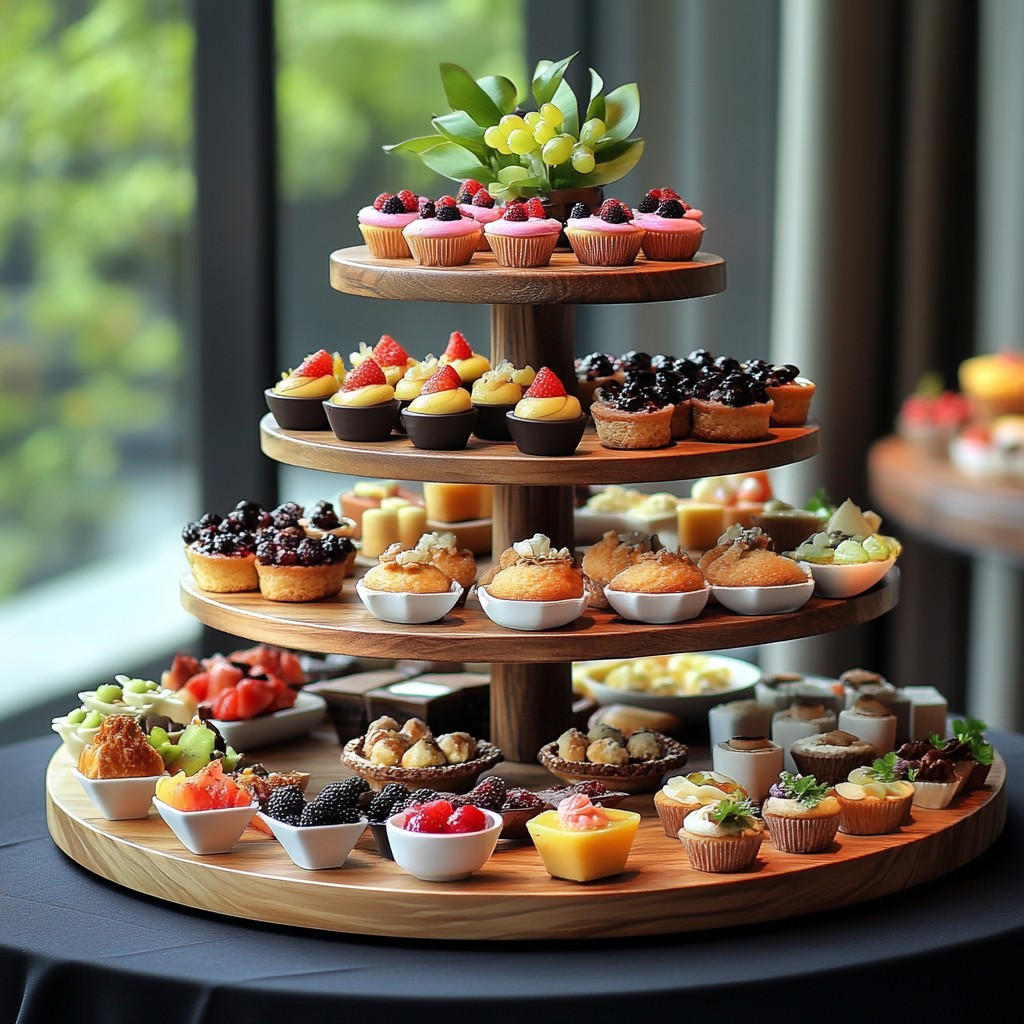 Tiered wooden stand filled with assorted mini cupcakes, tarts, and pastries near a window