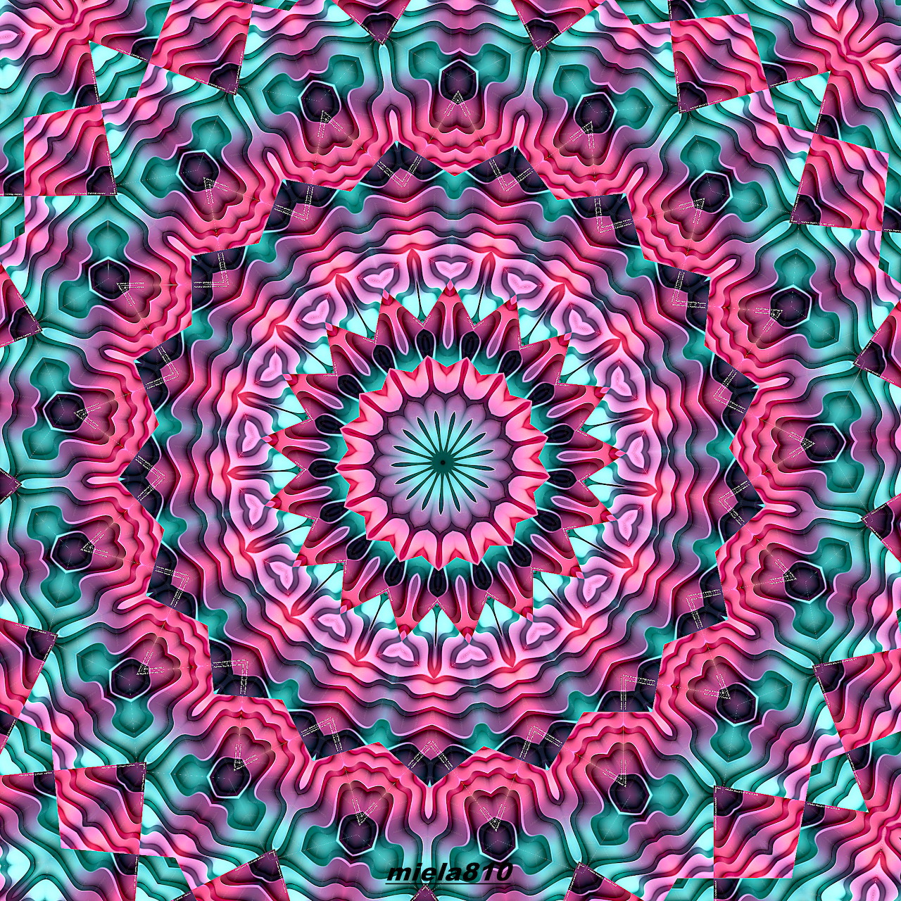 Colorful mandala with concentric rings in pink, teal, and turquoise geometric patterns