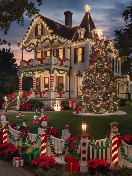 Victorian house with Christmas lights, decorated tree, candy canes, and presents in front yard at dusk