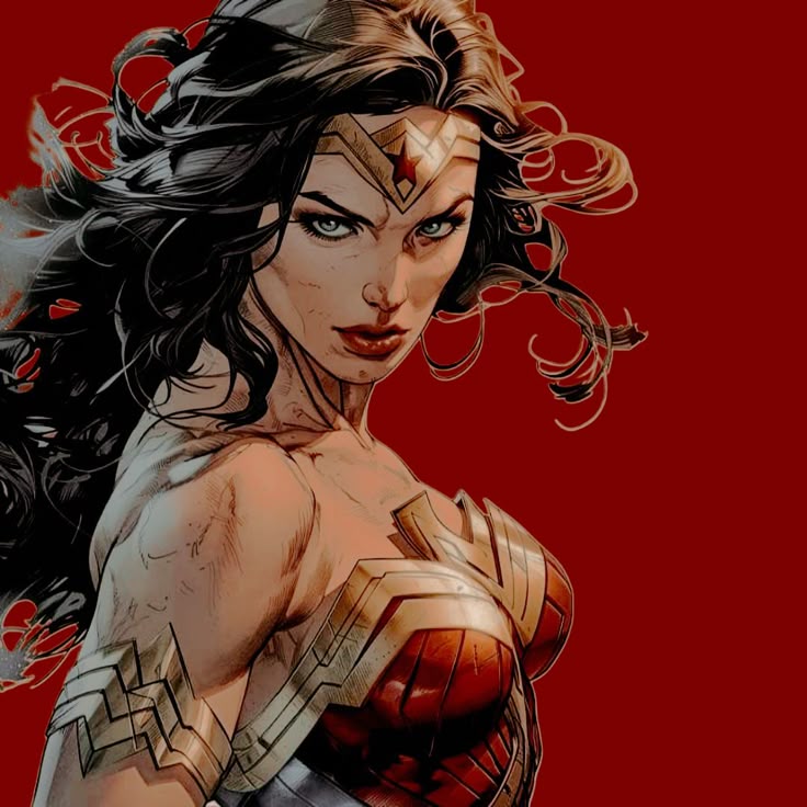 Illustrated portrait of Wonder Woman in red and gold armor against a red background