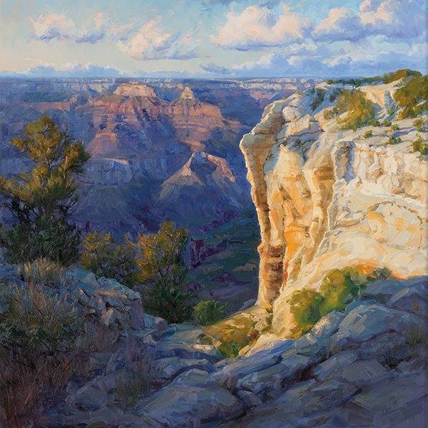 Painting of sunlit Grand Canyon cliffs with rocky foreground and expansive canyon view