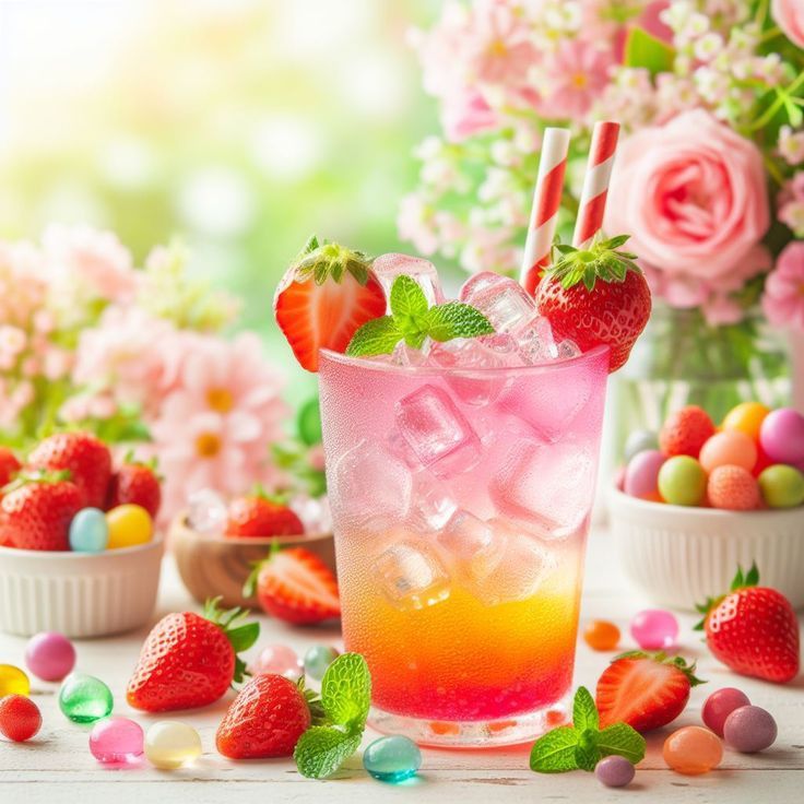 Colorful iced strawberry drink with mint, candies, and flowers in the background