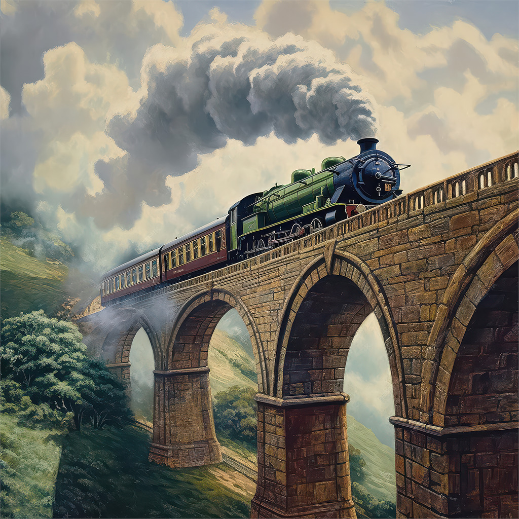 Steam train crossing stone railway bridge with multiple arches over green valley
