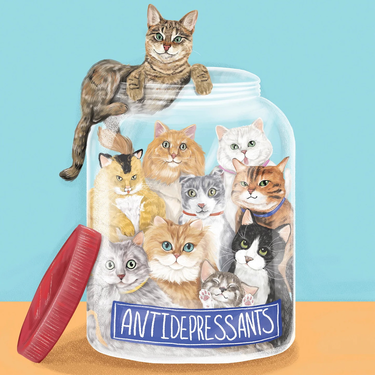 Illustrated cats crowded inside a clear prescription pill bottle with antidepressants label