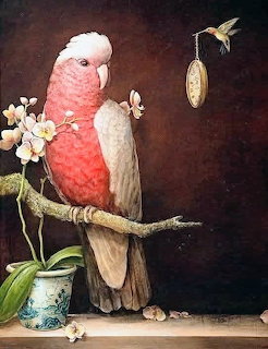 Still life painting of a pink parrot on a branch beside white flowers and a small vase
