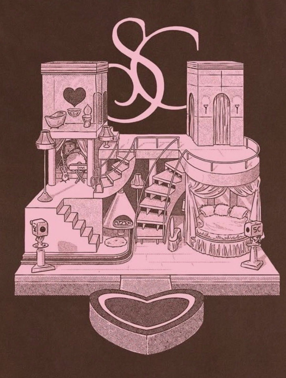 Pink illustrated dollhouse with multiple rooms, heart decorations, and SC monogram above