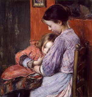 Impressionist painting of woman in purple dress cradling young child in warm-toned interior