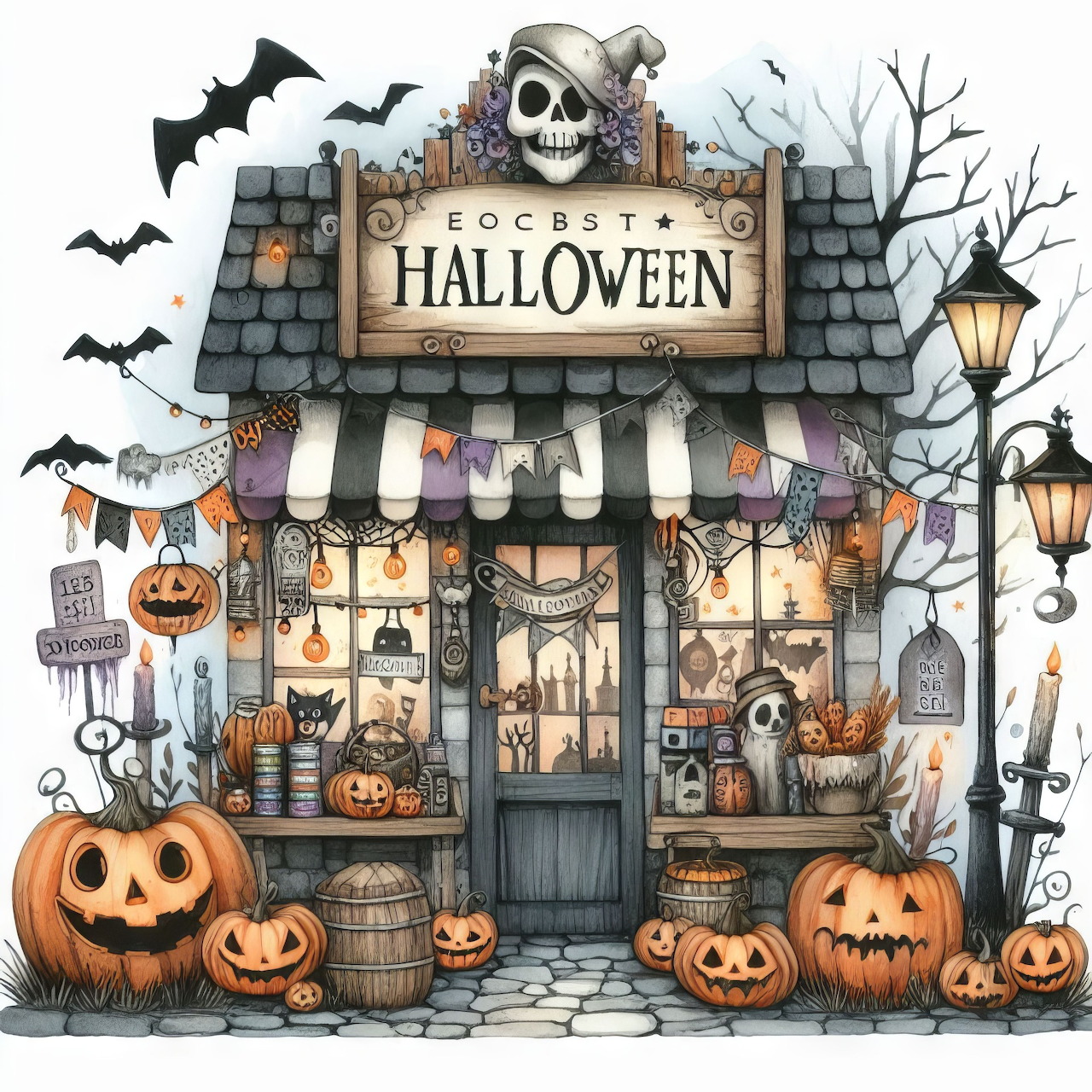 Illustrated Halloween shop with carved pumpkins, bats, lanterns, and spooky decorations