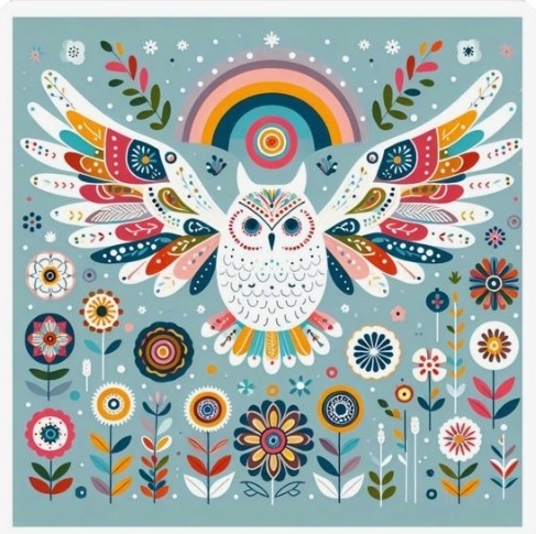 Stylized illustration of owls with detailed feathers and large eyes