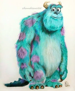Colored pencil drawing of Sulley from Monsters Inc with blue fur and purple spots