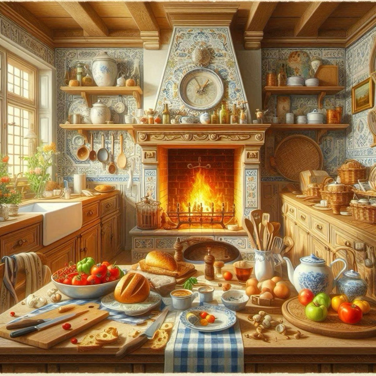 Rustic kitchen with a lit fireplace, wooden shelves, and a table filled with bread, fruit, and dishes