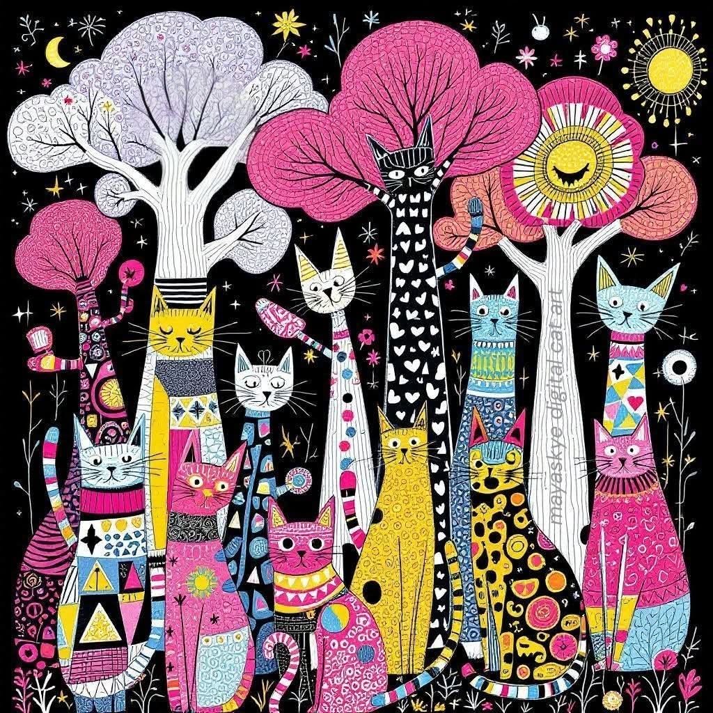 Whimsical illustration of cats sitting in colorful patterned trees with pink flowers against black background