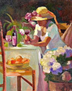 Impressionist painting of woman in straw hat at garden table with wine bottle, fruit bowl, and colorful flowers