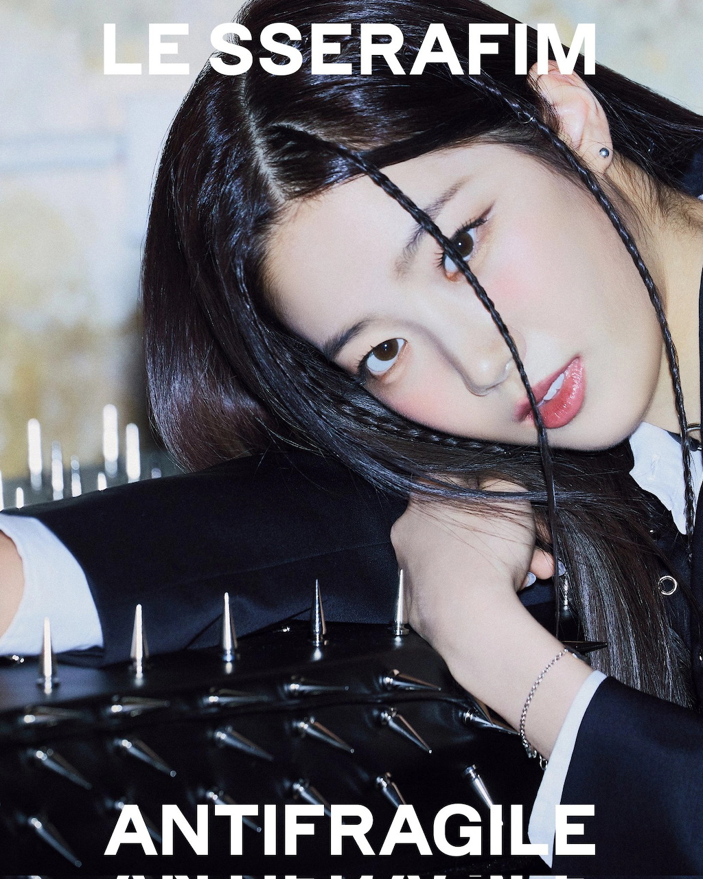 Kazuha of LE SSERAFIM in a dark concept photo for Antifragile Midnight Onyx