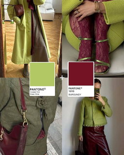 Fashion collage with burgundy and green outfits paired with Pantone color swatches