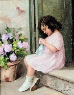 Oil painting of young girl in white dress seated by window with purple flowers in vase