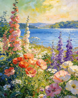 Impressionist painting of colorful flowers by a river with hills in background