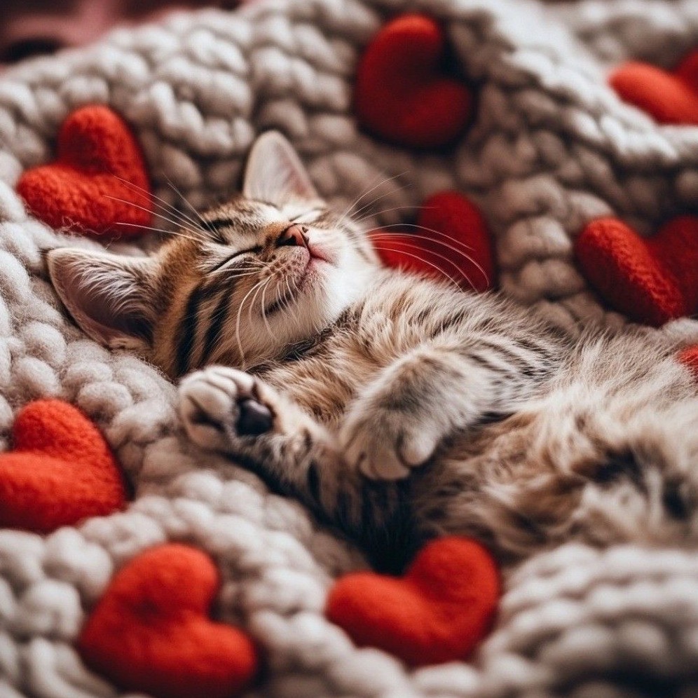Sleeping tabby kitten on a chunky knit blanket with red hearts