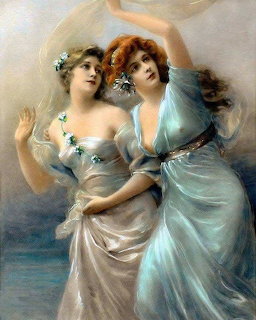 Painting of two women in flowing pale dresses standing closely together