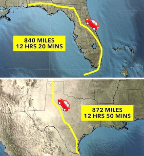 Side-by-side maps comparing a 840-mile Florida drive route and an 872-mile Texas drive route with yellow lines.