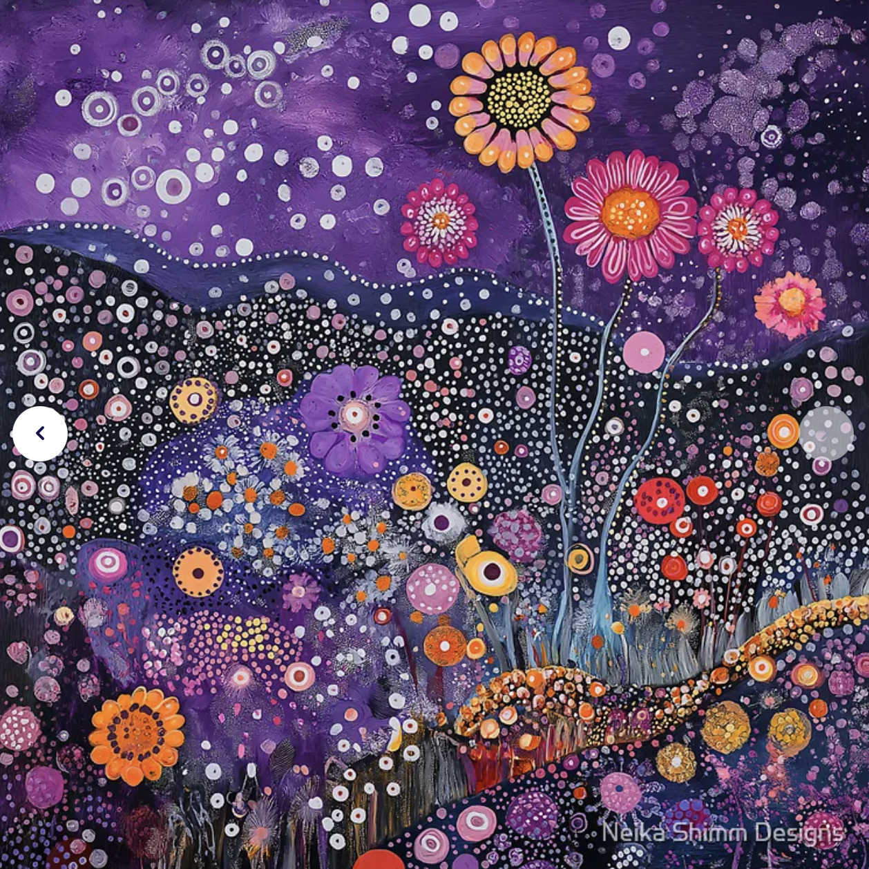 Colorful abstract flowers painted with dots on purple and black background