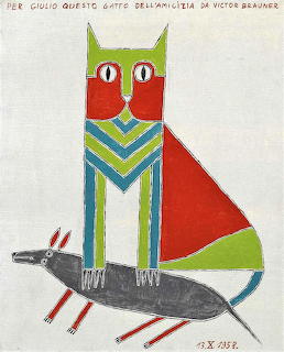 Geometric cat drawing with green pointed ears, red face, chevron chest pattern, standing on gray bird with red legs