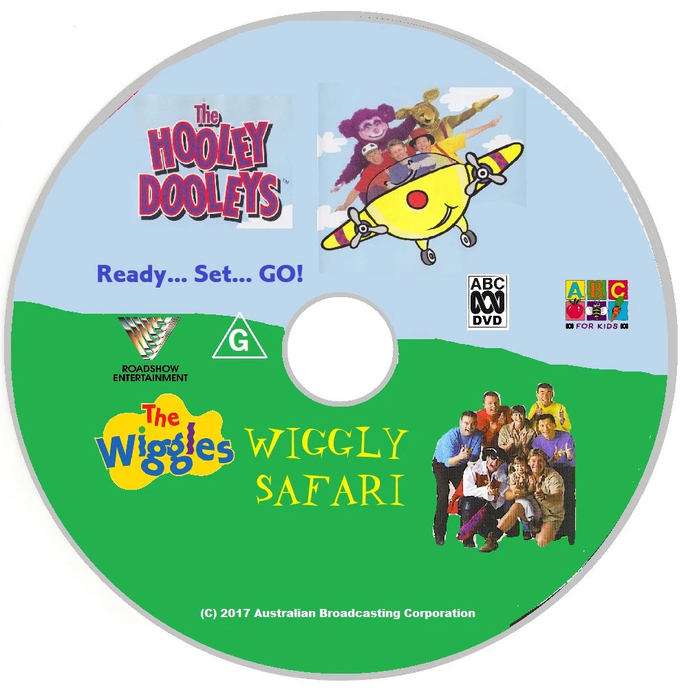 DVD disc showing The Wiggles Wiggly Safari and Hooley Dooleys branding with cartoon characters