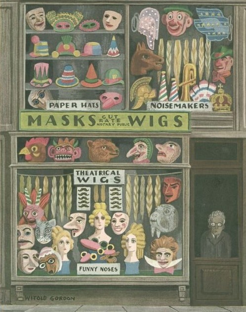 Illustration of a vintage mask shop storefront with displays of masks, wigs, hats, and noisemakers
