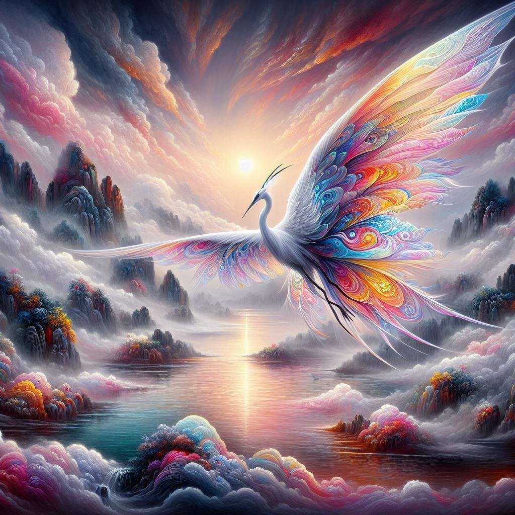 Colorful fantasy bird flying over a misty lake and mountains at sunrise