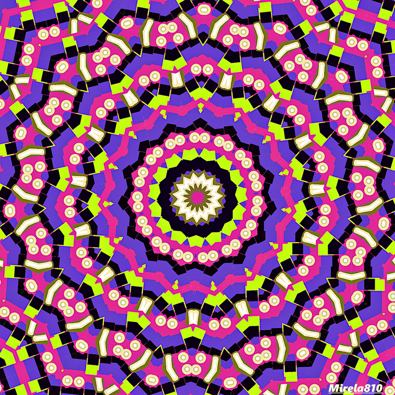 Colorful symmetrical mandala with purple, pink, yellow and black geometric patterns radiating from center
